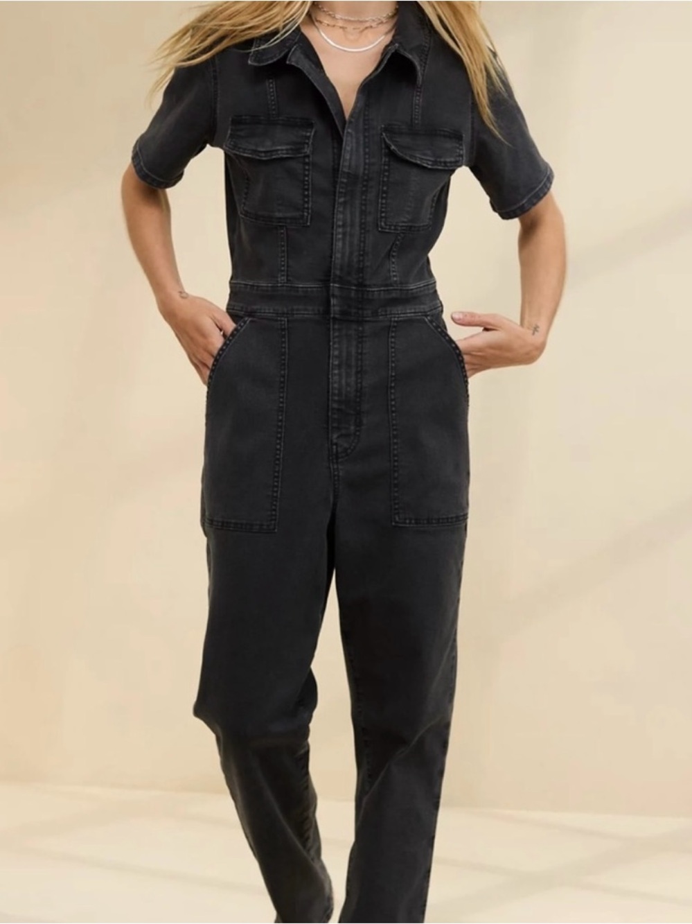 aerie Black Short-Sleeve Denim Jumpsuit with Utility Pockets